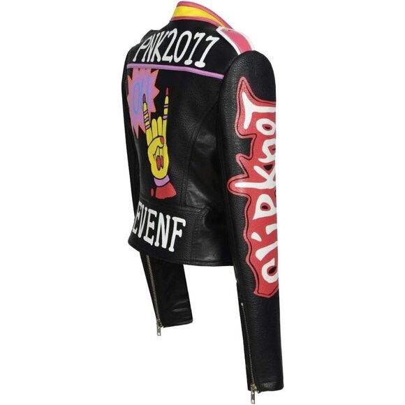 Women's Punk Floral Embroidered short Faux Leather Jacket Moto PU Coat. - Picture 4 of 4